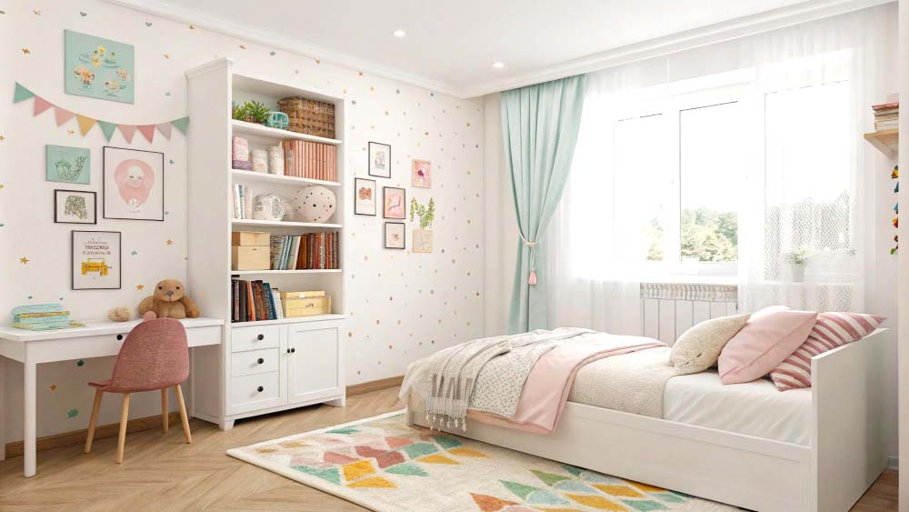 Modern children’s bedroom with bright decor, soft lighting, and storage shelves
