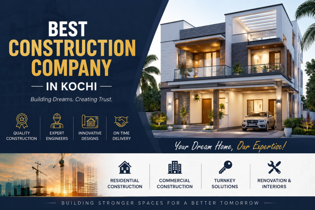 Best construction company in Kochi showcasing a modern luxury home built with expert engineering and turnkey construction services.