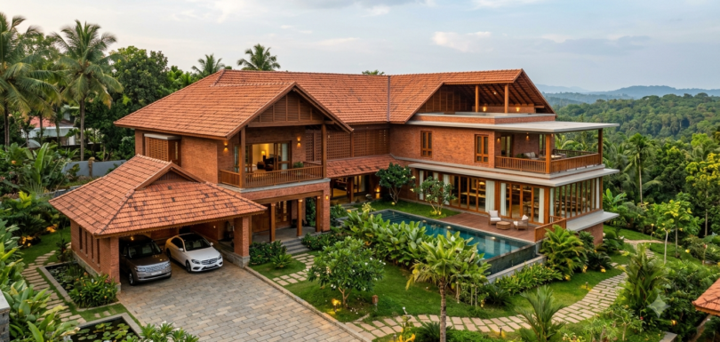 A large two-story modern Kerala-style luxury home featuring exposed red brick walls, traditional sloped terracotta tile roofs, wooden balconies, a private swimming pool, and a landscaped yard set against a lush tropical forest backdrop.
