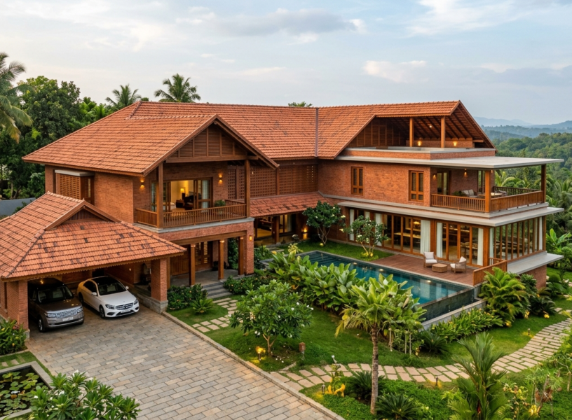 A large two-story modern Kerala-style luxury home featuring exposed red brick walls, traditional sloped terracotta tile roofs, wooden balconies, a private swimming pool, and a landscaped yard set against a lush tropical forest backdrop.