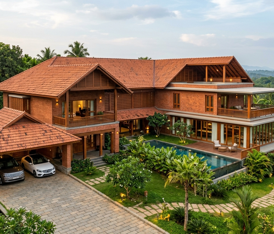 A large two-story modern Kerala-style luxury home featuring exposed red brick walls, traditional sloped terracotta tile roofs, wooden balconies, a private swimming pool, and a landscaped yard set against a lush tropical forest backdrop.