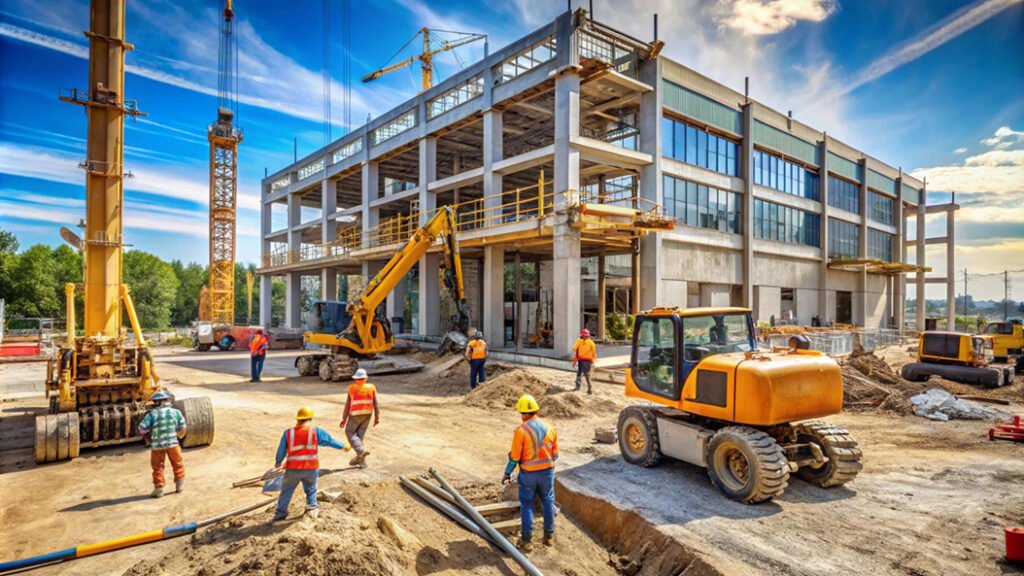 Commercial construction project in Kochi featuring a modern multi-storey building under construction, construction workers, cranes, excavators, and heavy machinery at the site.