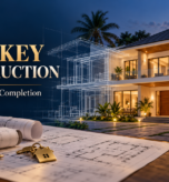 Modern two-storey home with architectural blueprint overlay, building plans and keys, illustrating DR Tech’s turnkey construction from concept to completion.