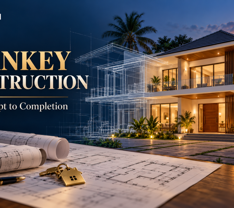 Modern two-storey home with architectural blueprint overlay, building plans and keys, illustrating DR Tech’s turnkey construction from concept to completion.